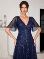 A-line V-neck Short Sleeves Sequin Floor-Length Tulle Corset Mother of the Bride Dress
