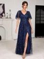 A-line V-neck Short Sleeves Sequin Asymmetrical Tulle Mother of the Bride Dress