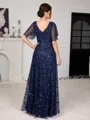 A-line V-neck Short Sleeves Sequin Asymmetrical Tulle Mother of the Bride Dress