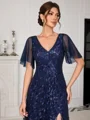 A-line V-neck Short Sleeves Sequin Asymmetrical Tulle Mother of the Bride Dress