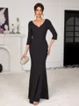 Sheath V-neck 3/4 Sleeves Appliques Lace Floor-Length Stretch Crepe Corset Mother of the Bride Dress