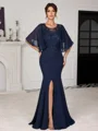 Sheath Scoop 1/2 Sleeves Appliques Lace Floor-Length Chiffon Corset Mother of the Bride Dress