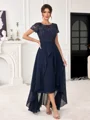 A-line Scoop Short Sleeves Appliques Lace Asymmetrical Chiffon Mother of the Bride Dress