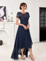 A-line Scoop Short Sleeves Appliques Lace Asymmetrical Chiffon Mother of the Bride Dress