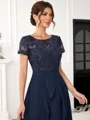 A-line Scoop Short Sleeves Appliques Lace Asymmetrical Chiffon Mother of the Bride Dress