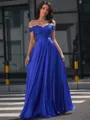 A-line Off-the-Shoulder Appliques Lace Floor-Length Satin Chiffon Porm Dress