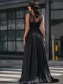 A-line V-neck Appliques Lace Sweep Train Satin Chiffon Porm Dress