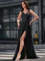 A-line V-neck Appliques Lace Sweep Train Satin Chiffon Porm Dress