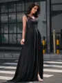 A-line V-neck Appliques Lace Sweep Train Satin Chiffon Porm Dress