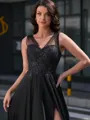 A-line V-neck Appliques Lace Sweep Train Satin Chiffon Porm Dress