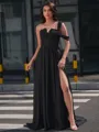 A-line One-Shoulder Appliques Lace Sweep Train Chiffon Corset Porm Dress
