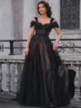 A-line Cold Shoulder Appliques Lace Sweep Train Tulle Corset Porm Dress