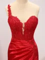 Sheath One-Shoulder Appliques Lace Court Train Silk Like Satin Corset Porm Dress
