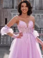 A-line Sweetheart Long Sleeves Appliques Lace Sweep Train Tulle Corset Porm Dress
