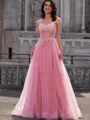 A-line Sweetheart Appliques Lace Sweep Train Tulle Corset Porm Dress