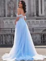 A-line Off-the-Shoulder Appliques Lace Court Train Tulle Corset Porm Dress