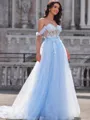 A-line Off-the-Shoulder Appliques Lace Court Train Tulle Corset Porm Dress