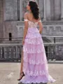 A-line Off-the-Shoulder Appliques Lace Sweep Train Tulle Corset Porm Dress
