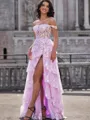 A-line Off-the-Shoulder Appliques Lace Sweep Train Tulle Corset Porm Dress