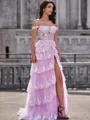 A-line Off-the-Shoulder Appliques Lace Sweep Train Tulle Corset Porm Dress