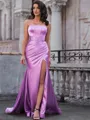 Sheath Straight Pleated Sweep Train Silk Like Satin Corset Porm Dress