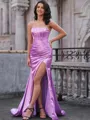 Sheath Straight Pleated Sweep Train Silk Like Satin Corset Porm Dress