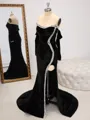 Sheath Straight Long Sleeves Rhinestone Sweep Train Velvet Porm Dress