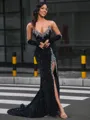 Sheath V-neck Long Sleeves Beading Court Train Velvet Sequins Porm Dress