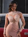Sheath High Neck Long Sleeves Appliques Lace Sweep Train Porm Dress