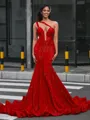 Mermaid One-Shoulder Court Train Velvet Sequins Porm Dress