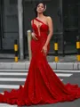 Mermaid One-Shoulder Court Train Velvet Sequins Porm Dress