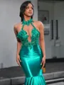 Mermaid Halter Appliques Lace Floor-Length Jersey Porm Dress