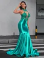 Mermaid Halter Appliques Lace Floor-Length Jersey Porm Dress