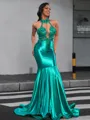 Mermaid Halter Appliques Lace Floor-Length Jersey Porm Dress