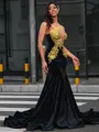 Mermaid One-Shoulder Long Sleeves Appliques Lace Floor-Length Velvet Porm Dress