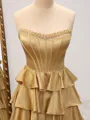 A-line Straight Cascading Ruffles Sweep Train Silk Like Satin Corset Porm Dress