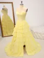 A-line Sweetheart Cascading Ruffles Sweep Train Chiffon Corset Porm Dress