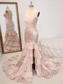 Sheath Straight Appliques Lace Court Train Silk Like Satin Corset Porm Dress