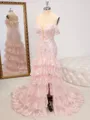 Sheath Off-the-Shoulder Appliques Lace Sweep Train Tulle Corset Porm Dress