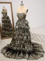 A-line Straight Appliques Lace Sweep Train Tulle Porm Dress