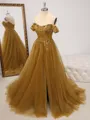 A-line Off-the-Shoulder Appliques Lace Sweep Train Tulle Corset Porm Dress