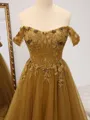 A-line Off-the-Shoulder Appliques Lace Sweep Train Tulle Corset Porm Dress