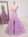 Sheath Sweetheart Cascading Ruffles Sweep Train Tulle Porm Dress
