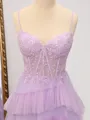 A-line Spaghetti Straps Appliques Lace Sweep Train Tulle Corset Porm Dress