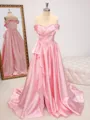 A-line Off-the-Shoulder Ruffles Sweep Train Silk Like Satin Porm Dress