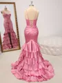 Sheath V-neck Cascading Ruffles Sweep Train Silk Like Satin Corset Porm Dress