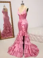 Sheath V-neck Cascading Ruffles Sweep Train Silk Like Satin Corset Porm Dress