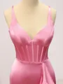 Sheath V-neck Cascading Ruffles Sweep Train Silk Like Satin Corset Porm Dress