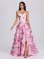 A-line Sweetheart Cascading Ruffles Sweep Train Corset Porm Dress