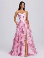 A-line Sweetheart Cascading Ruffles Sweep Train Corset Porm Dress